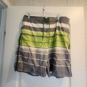 George Men's Green and Gray Striped Board Shorts Size L Euc